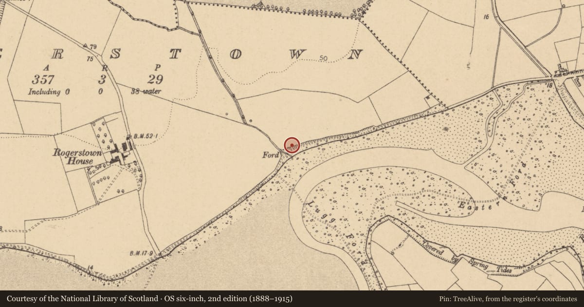 Ordnance Survey six-inch map, 2nd edition (1888–1915) covering the location of Enclosure, Rogerstown, County Dublin, with a pin at the register's coordinates