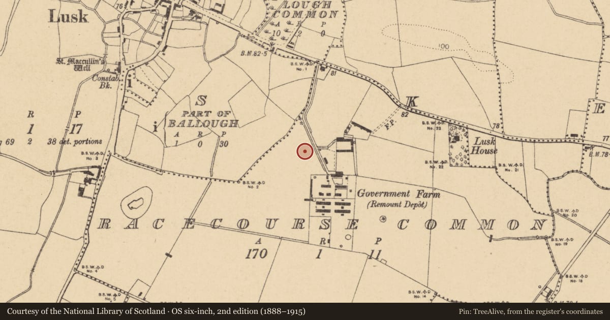 Ordnance Survey six-inch map, 2nd edition (1888–1915) covering the location of Fulacht fia, Lusk, County Dublin, with a pin at the register's coordinates