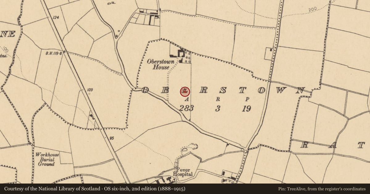 Ordnance Survey six-inch map, 2nd edition (1888–1915) covering the location of Earthwork, Oberstown, County Dublin, with a pin at the register's coordinates
