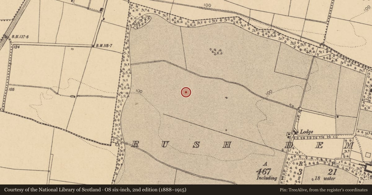 Ordnance Survey six-inch map, 2nd edition (1888–1915) covering the location of Earthwork, Rush Demesne, County Dublin, with a pin at the register's coordinates