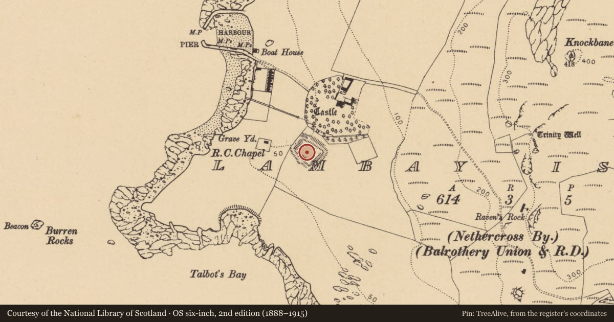Ordnance Survey six-inch map, 2nd edition (1888–1915) covering the location of Moated site, Lambay Island, County Dublin, with a pin at the register's coordinates