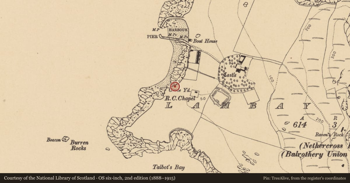 Ordnance Survey six-inch map, 2nd edition (1888–1915) covering the location of Burial ground, Lambay Island, County Dublin, with a pin at the register's coordinates