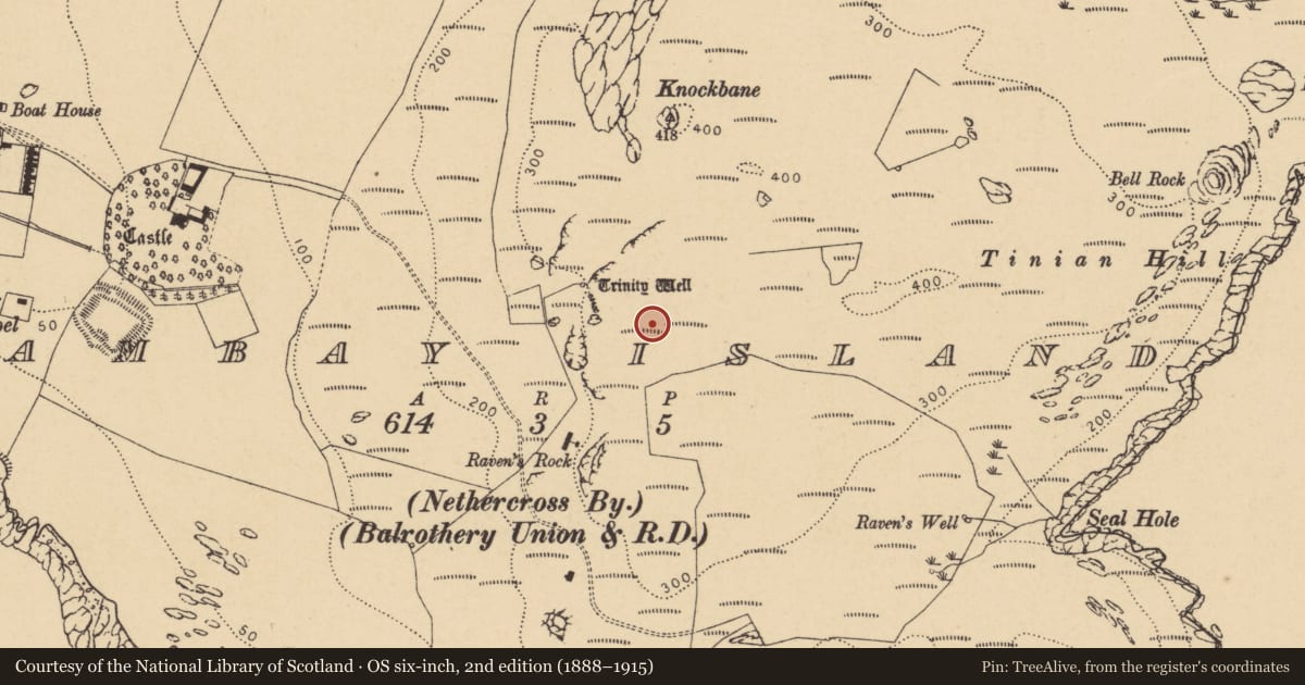 Ordnance Survey six-inch map, 2nd edition (1888–1915) covering the location of Axe factory, Lambay Island, County Dublin, with a pin at the register's coordinates