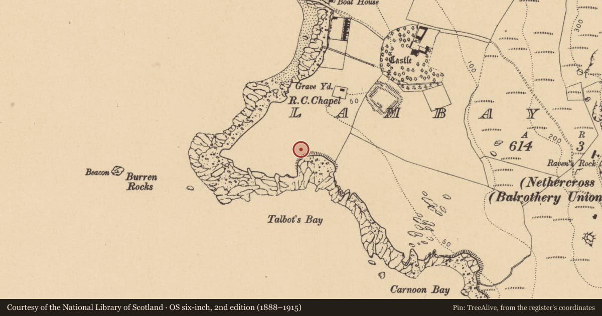 Ordnance Survey six-inch map, 2nd edition (1888–1915) covering the location of Enclosure, Lambay Island, County Dublin, with a pin at the register's coordinates