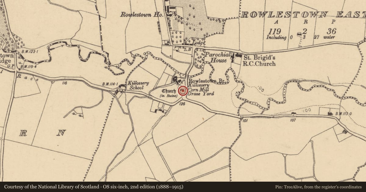 Ordnance Survey six-inch map, 2nd edition (1888–1915) covering the location of Church, Killossery, County Dublin, with a pin at the register's coordinates