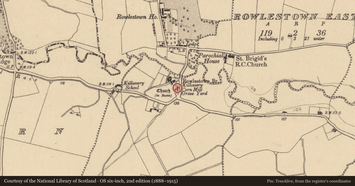 Ordnance Survey six-inch map, 2nd edition (1888–1915) covering the location of Graveyard, Killossery, County Dublin, with a pin at the register's coordinates