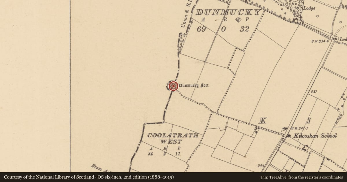Ordnance Survey six-inch map, 2nd edition (1888–1915) covering the location of Ringfort - unclassified, Dunmucky, County Dublin, with a pin at the register's coordinates