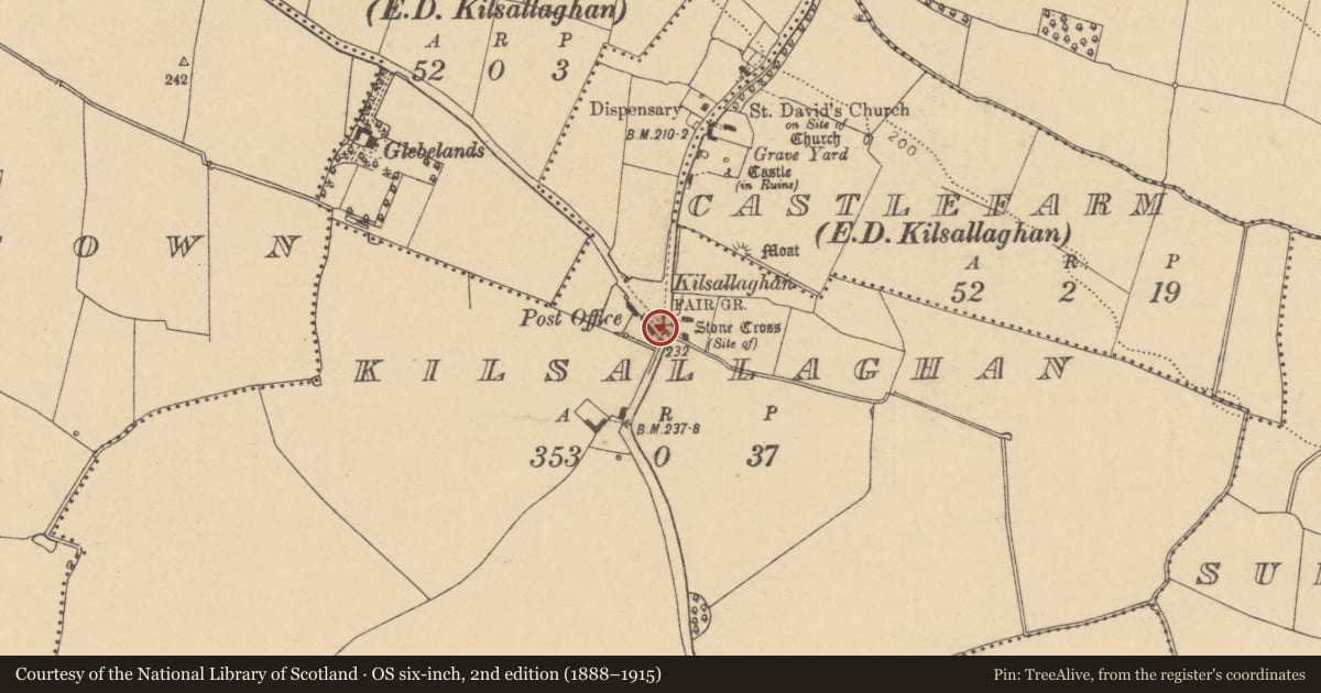 Ordnance Survey six-inch map, 2nd edition (1888–1915) covering the location of Cross, Kilsallaghan, County Dublin, with a pin at the register's coordinates