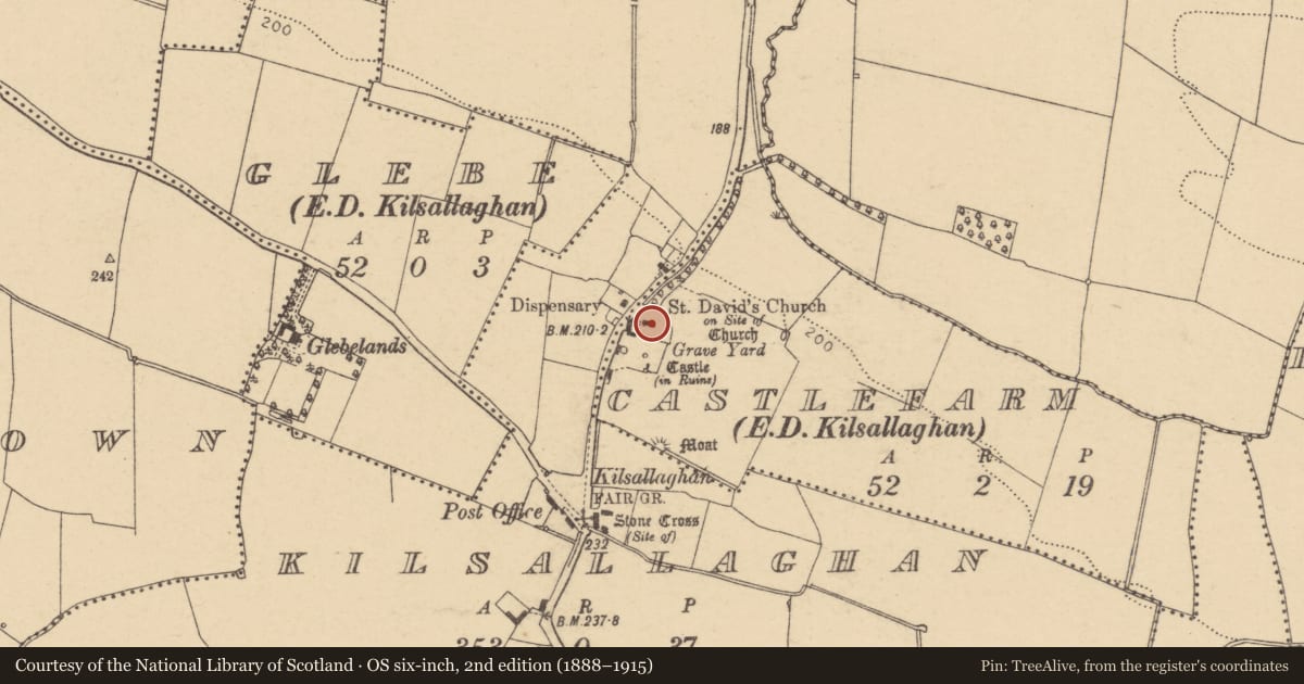 Ordnance Survey six-inch map, 2nd edition (1888–1915) covering the location of Church, Castlefarm, County Dublin, with a pin at the register's coordinates