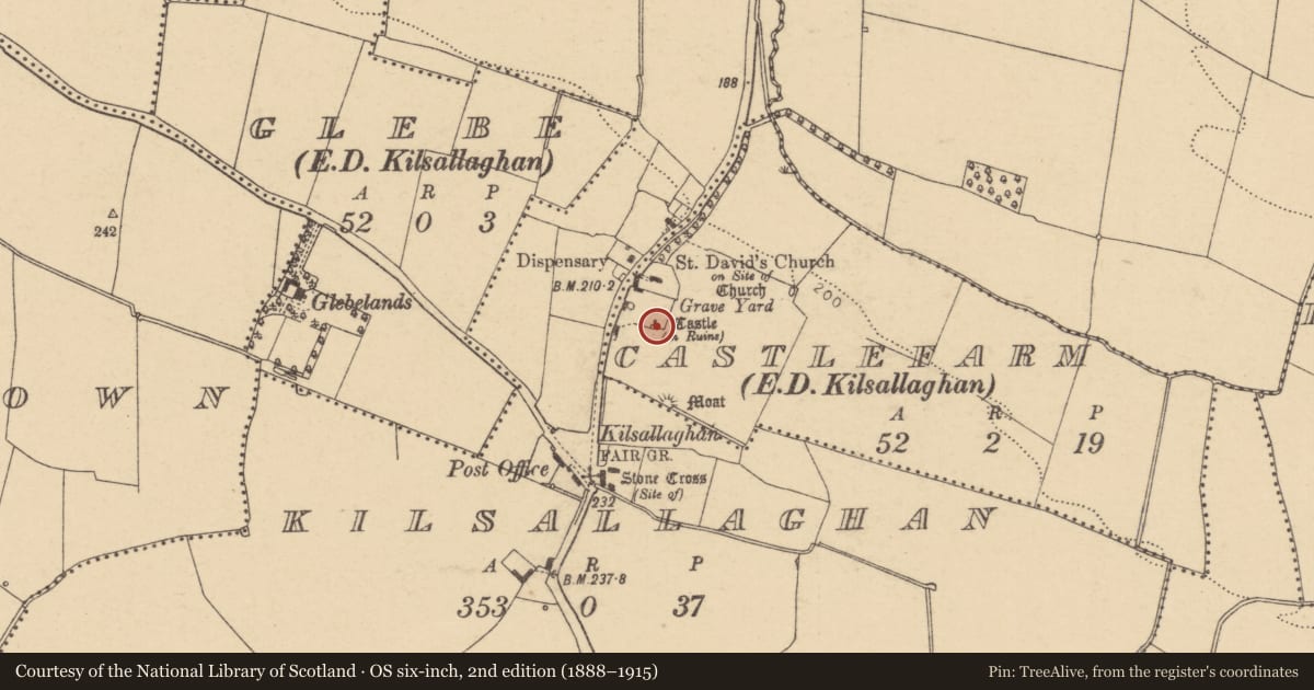 Ordnance Survey six-inch map, 2nd edition (1888–1915) covering the location of Castle - tower house, Castlefarm, County Dublin, with a pin at the register's coordinates