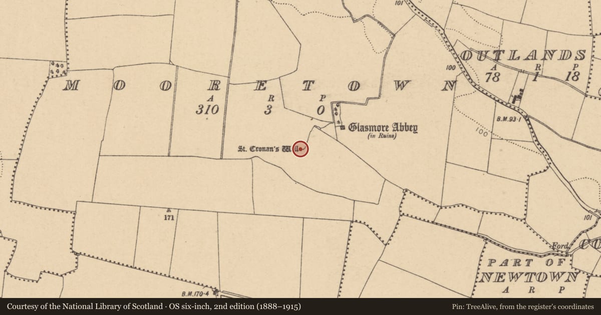 Ordnance Survey six-inch map, 2nd edition (1888–1915) covering the location of Ritual site - holy well, Mooretown, County Dublin, with a pin at the register's coordinates