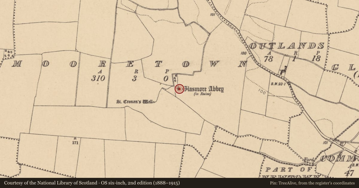 Ordnance Survey six-inch map, 2nd edition (1888–1915) covering the location of Structure, Mooretown, County Dublin, with a pin at the register's coordinates