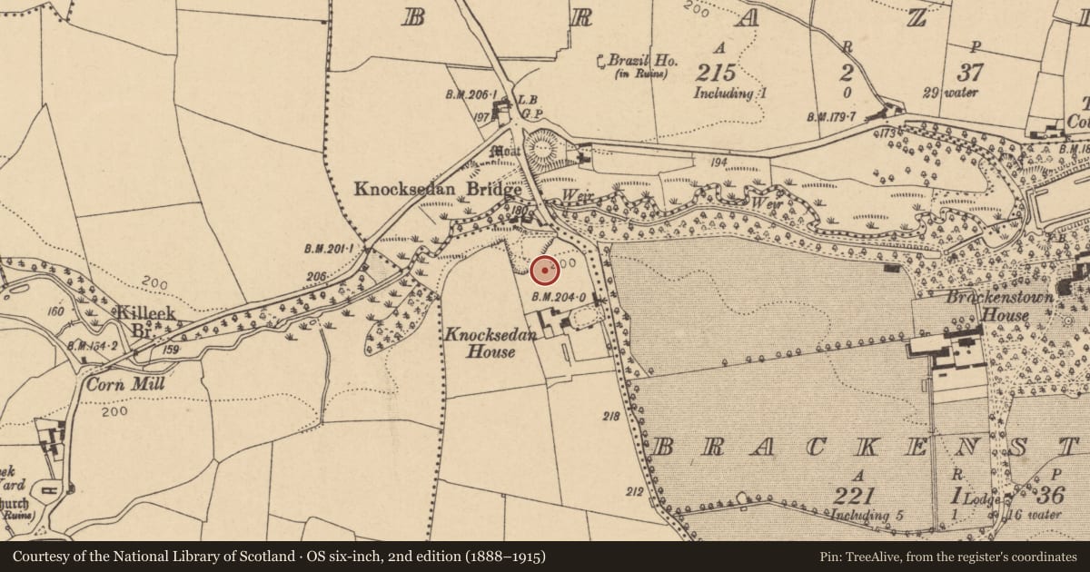 Ordnance Survey six-inch map, 2nd edition (1888–1915) covering the location of Mound, Knocksedan, County Dublin, with a pin at the register's coordinates