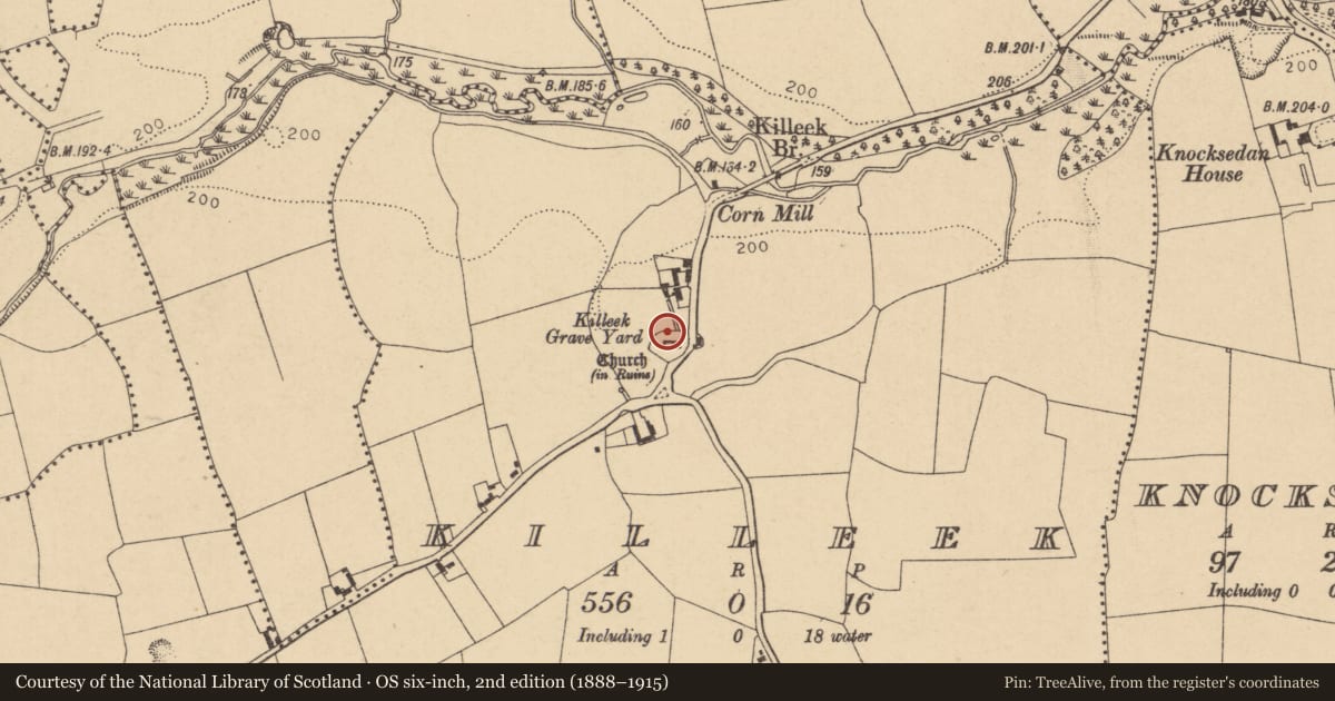 Ordnance Survey six-inch map, 2nd edition (1888–1915) covering the location of Ecclesiastical enclosure, Killeek, County Dublin, with a pin at the register's coordinates