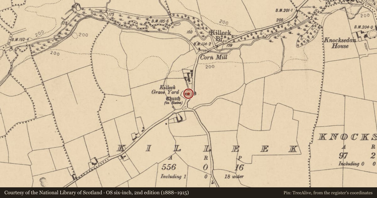 Ordnance Survey six-inch map, 2nd edition (1888–1915) covering the location of Church, Killeek, County Dublin, with a pin at the register's coordinates