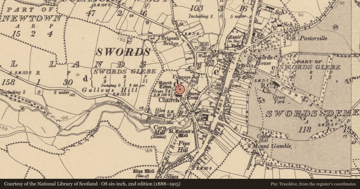 Ordnance Survey six-inch map, 2nd edition (1888–1915) covering the location of Ecclesiastical enclosure, Swords Glebe, County Dublin, with a pin at the register's coordinates