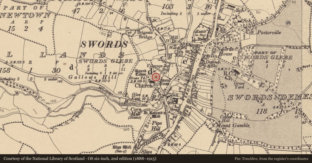 Ordnance Survey six-inch map, 2nd edition (1888–1915) covering the location of Graveyard, Swords Glebe, County Dublin, with a pin at the register's coordinates