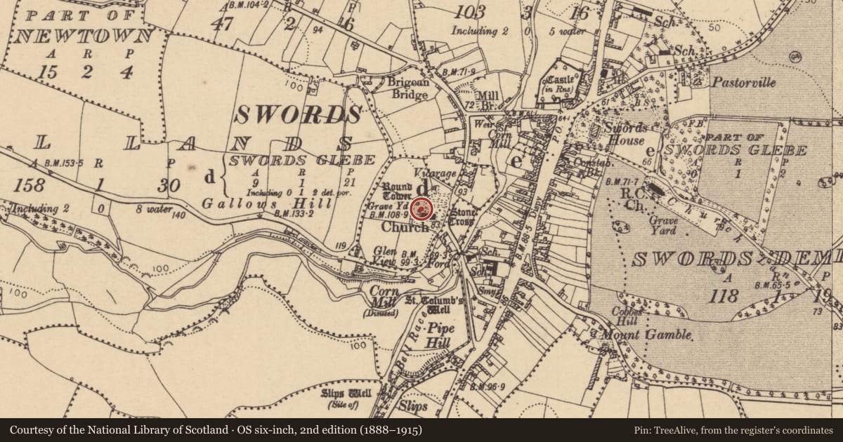 Ordnance Survey six-inch map, 2nd edition (1888–1915) covering the location of Church, Swords Glebe, County Dublin, with a pin at the register's coordinates