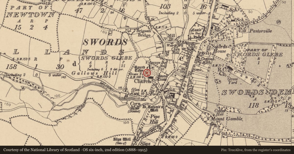 Ordnance Survey six-inch map, 2nd edition (1888–1915) covering the location of Round tower, Swords Glebe, County Dublin, with a pin at the register's coordinates