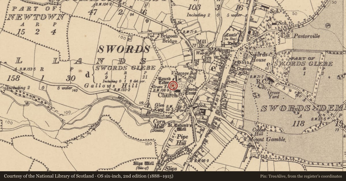 Ordnance Survey six-inch map, 2nd edition (1888–1915) covering the location of Cross, Swords Glebe, County Dublin, with a pin at the register's coordinates