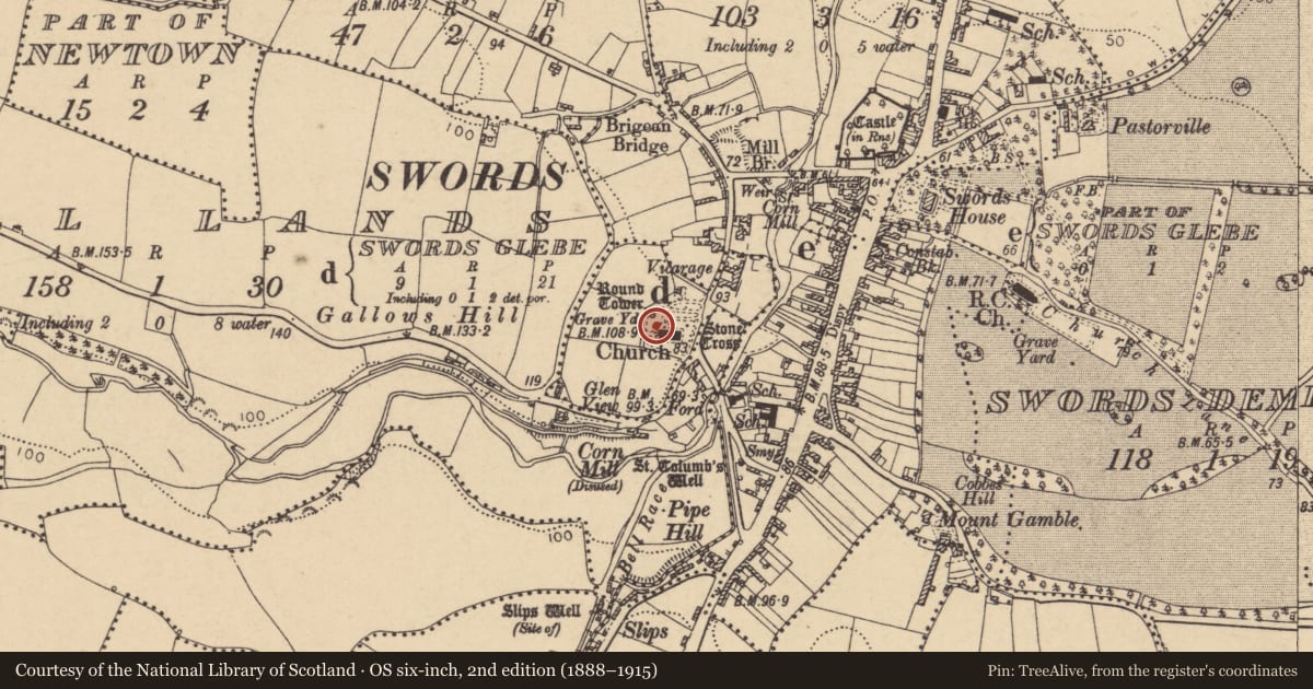 Ordnance Survey six-inch map, 2nd edition (1888–1915) covering the location of Cross-slab, Swords Glebe, County Dublin, with a pin at the register's coordinates