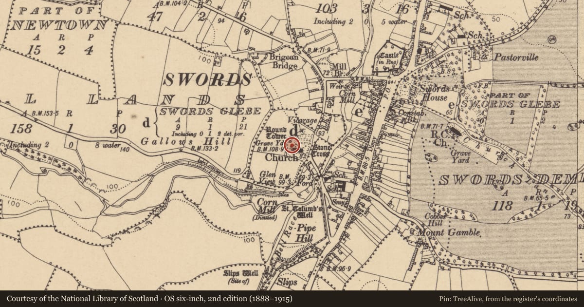 Ordnance Survey six-inch map, 2nd edition (1888–1915) covering the location of Graveslab, Swords Glebe, County Dublin, with a pin at the register's coordinates
