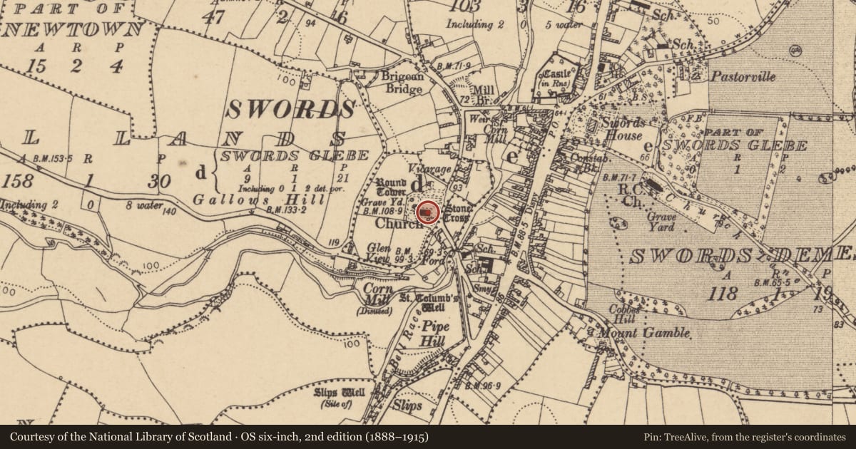 Ordnance Survey six-inch map, 2nd edition (1888–1915) covering the location of Graveslab, Swords Glebe, County Dublin, with a pin at the register's coordinates