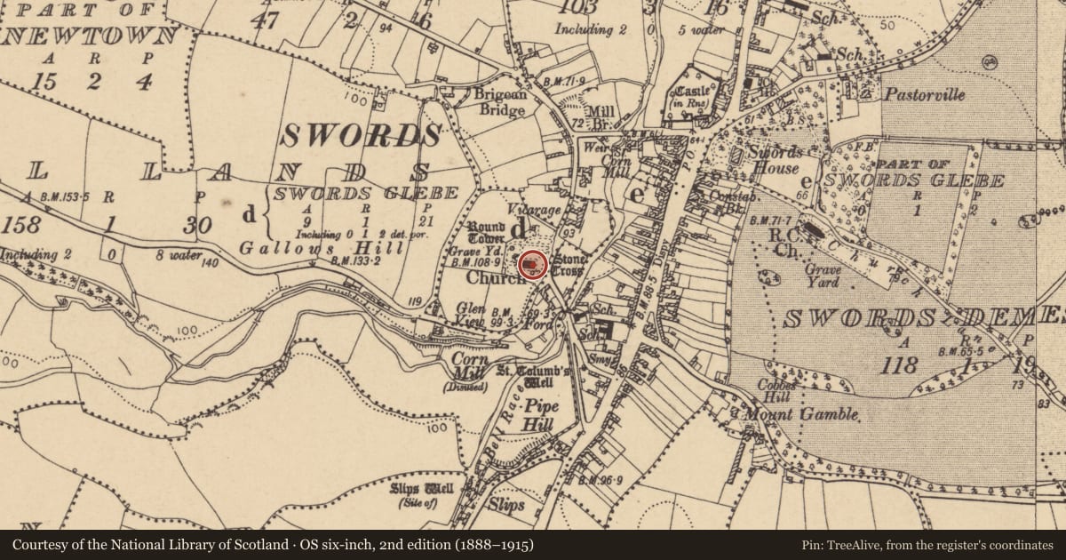 Ordnance Survey six-inch map, 2nd edition (1888–1915) covering the location of Graveslab, Townparks, County Dublin, with a pin at the register's coordinates
