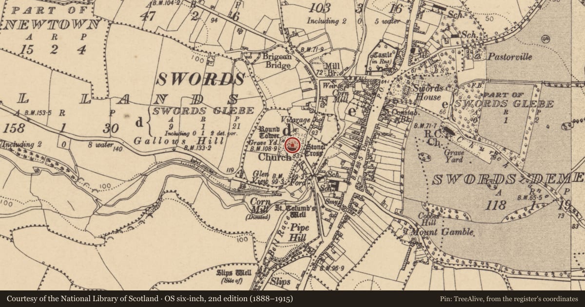 Ordnance Survey six-inch map, 2nd edition (1888–1915) covering the location of Architectural fragment, Swords Glebe, County Dublin, with a pin at the register's coordinates