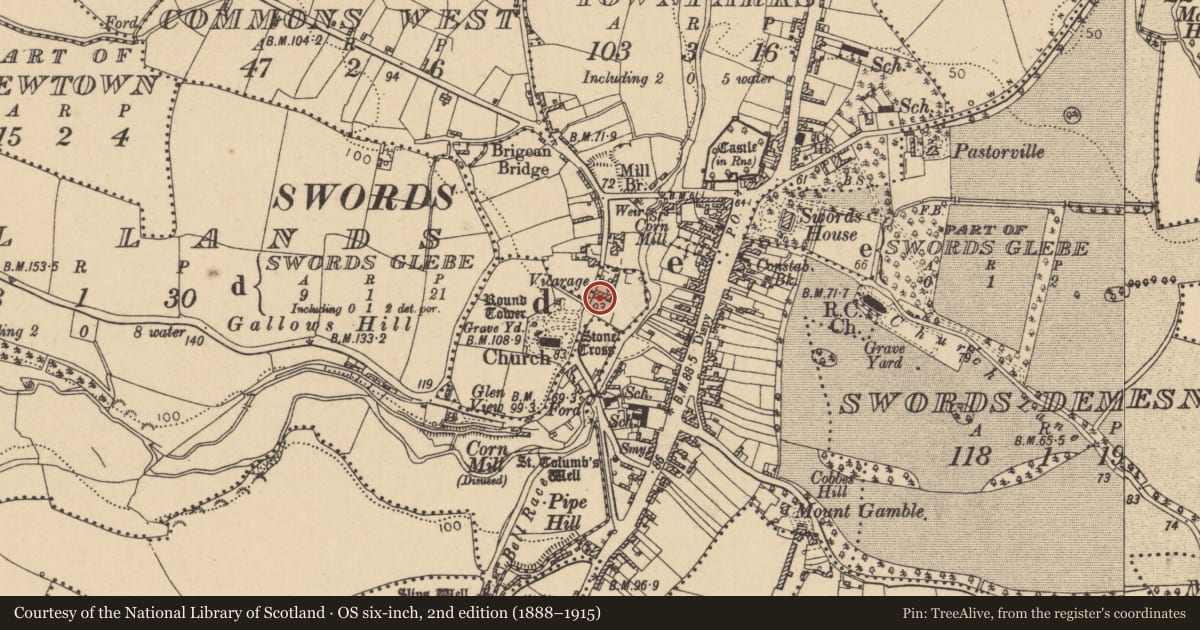 Ordnance Survey six-inch map, 2nd edition (1888–1915) covering the location of Burial ground, Swords Glebe, County Dublin, with a pin at the register's coordinates