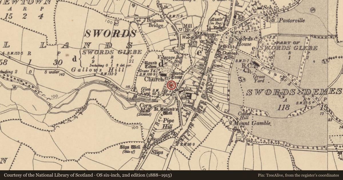 Ordnance Survey six-inch map, 2nd edition (1888–1915) covering the location of Midden, Windmill Lands, County Dublin, with a pin at the register's coordinates