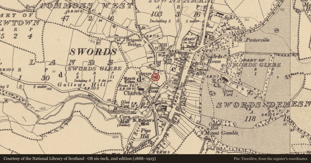 Ordnance Survey six-inch map, 2nd edition (1888–1915) covering the location of House - 17th century, Swords Glebe, County Dublin, with a pin at the register's coordinates