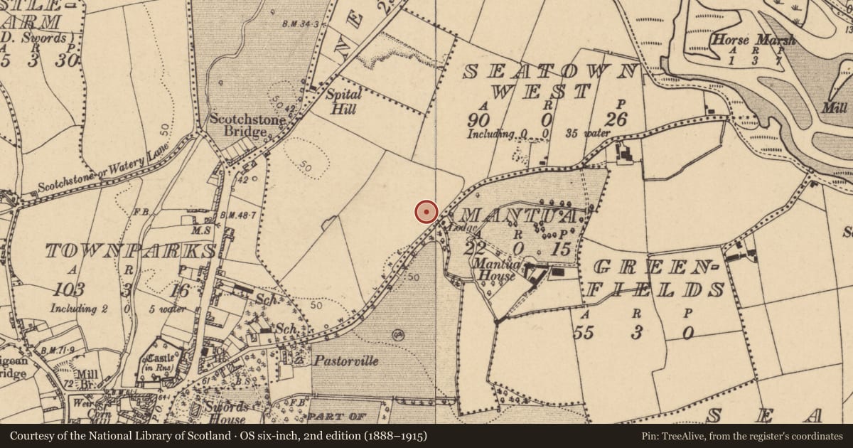 Ordnance Survey six-inch map, 2nd edition (1888–1915) covering the location of Earthwork, Seatown West, County Dublin, with a pin at the register's coordinates