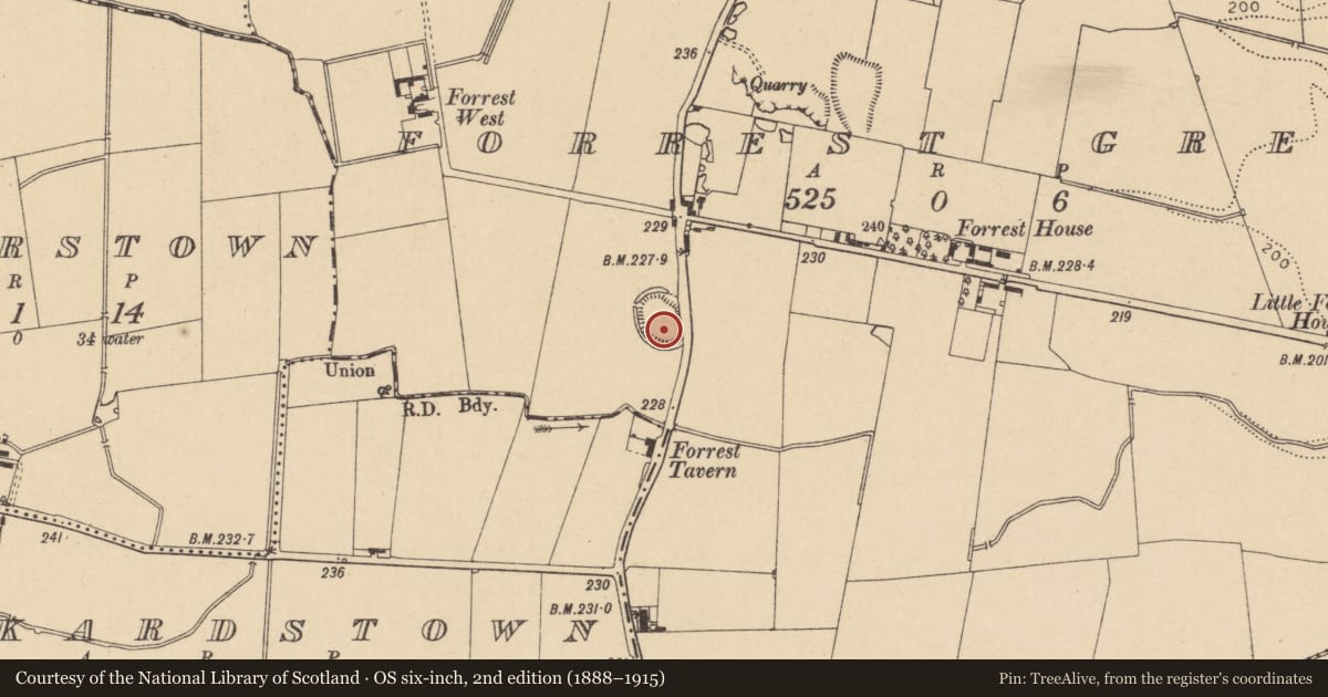 Ordnance Survey six-inch map, 2nd edition (1888–1915) covering the location of Ringfort - unclassified, Forrest Great, County Dublin, with a pin at the register's coordinates
