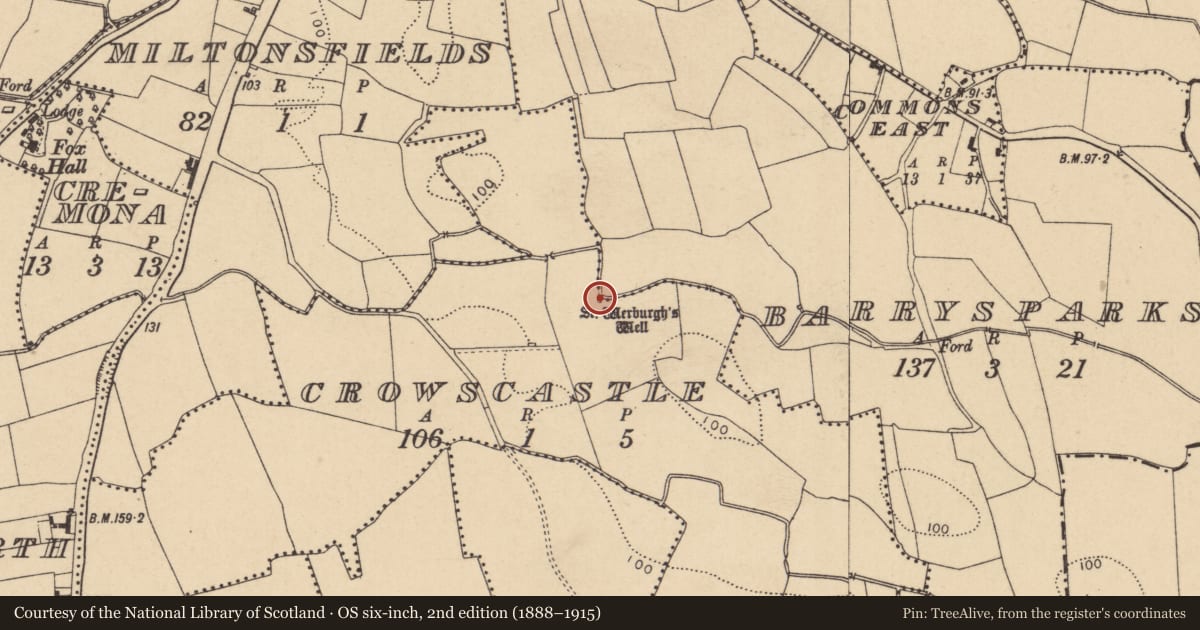 Ordnance Survey six-inch map, 2nd edition (1888–1915) covering the location of Ritual site - holy well, Crowscastle, County Dublin, with a pin at the register's coordinates