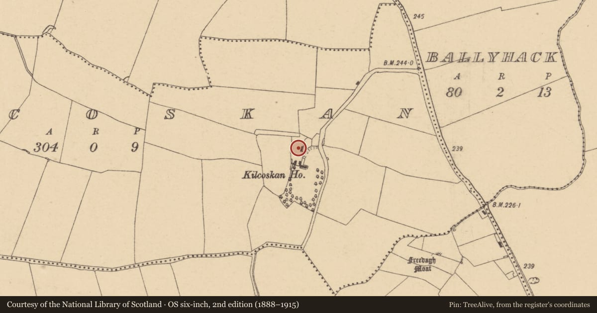 Ordnance Survey six-inch map, 2nd edition (1888–1915) covering the location of House - 16th/17th century, Kilcoskan, County Dublin, with a pin at the register's coordinates