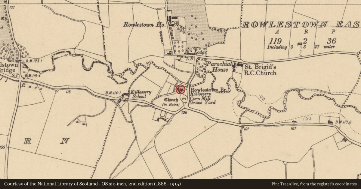 Ordnance Survey six-inch map, 2nd edition (1888–1915) covering the location of Water mill - unclassified, Killossery, County Dublin, with a pin at the register's coordinates