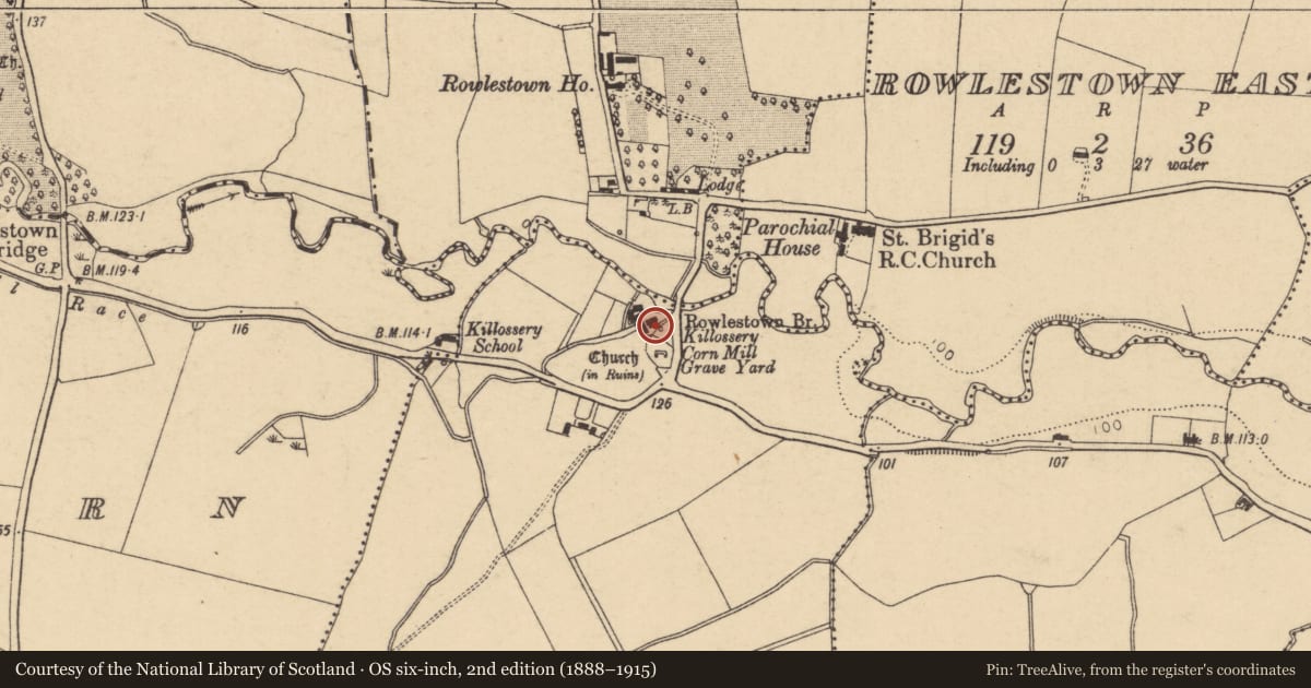 Ordnance Survey six-inch map, 2nd edition (1888–1915) covering the location of Building, Killossery, County Dublin, with a pin at the register's coordinates