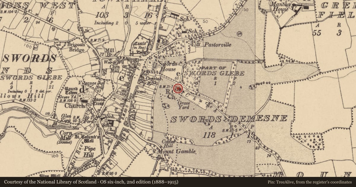 Ordnance Survey six-inch map, 2nd edition (1888–1915) covering the location of Font (present location), Swords Demesne, County Dublin, with a pin at the register's coordinates