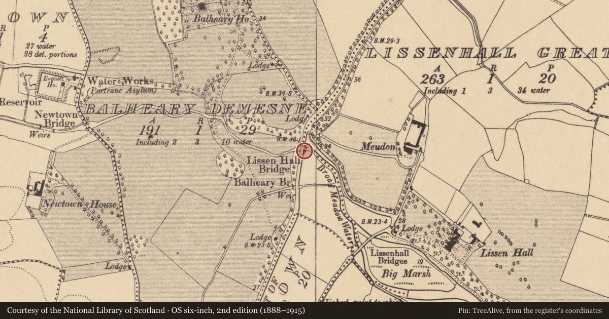 Ordnance Survey six-inch map, 2nd edition (1888–1915) covering the location of Bridge, Balheary Demesne, Lissenhall Great, County Dublin, with a pin at the register's coordinates
