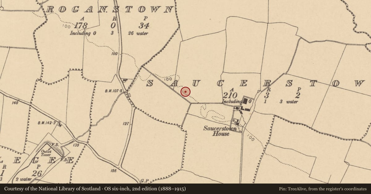 Ordnance Survey six-inch map, 2nd edition (1888–1915) covering the location of Building, Saucerstown, County Dublin, with a pin at the register's coordinates
