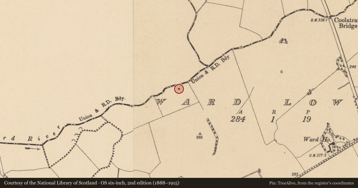 Ordnance Survey six-inch map, 2nd edition (1888–1915) covering the location of Fulacht fia, Ward Upper, County Dublin, with a pin at the register's coordinates