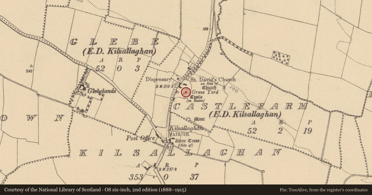 Ordnance Survey six-inch map, 2nd edition (1888–1915) covering the location of Battlefield, Kilsallaghan, Castlefarm, County Dublin, with a pin at the register's coordinates