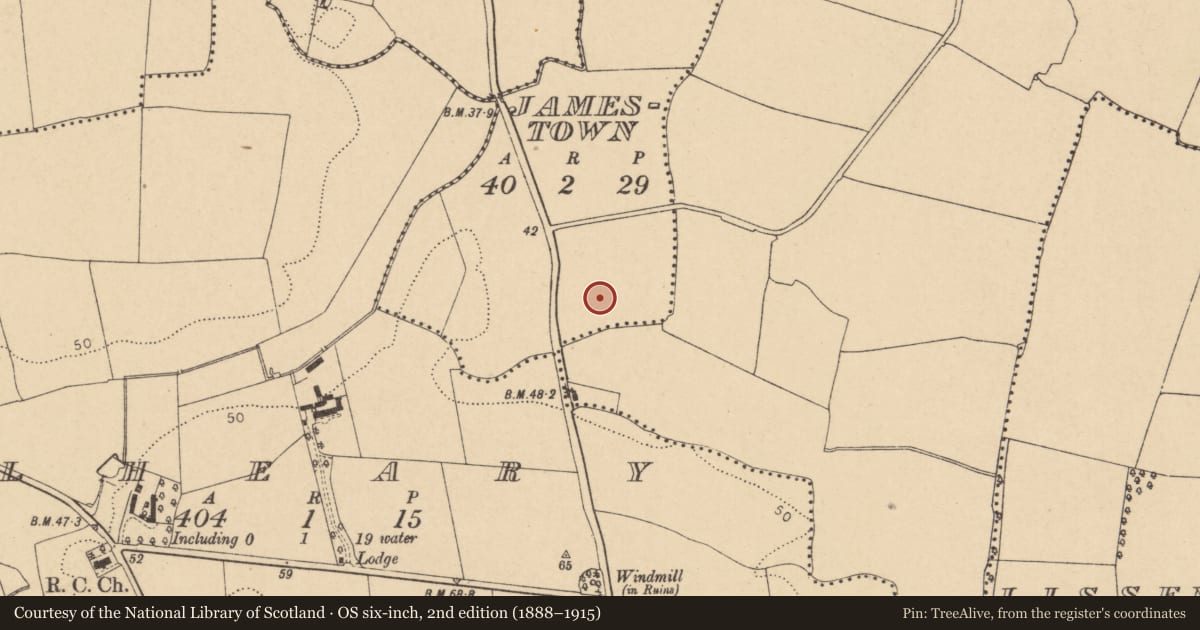 Ordnance Survey six-inch map, 2nd edition (1888–1915) covering the location of Enclosure, Jamestown, County Dublin, with a pin at the register's coordinates