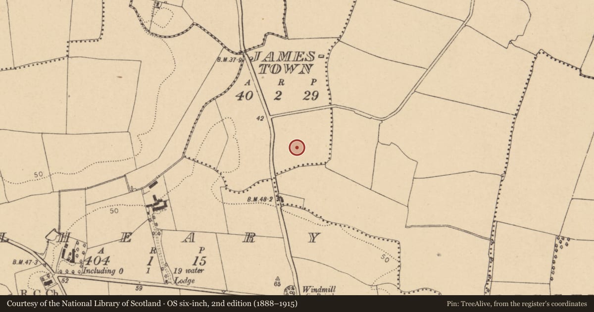 Ordnance Survey six-inch map, 2nd edition (1888–1915) covering the location of Ring-ditch, Jamestown, County Dublin, with a pin at the register's coordinates