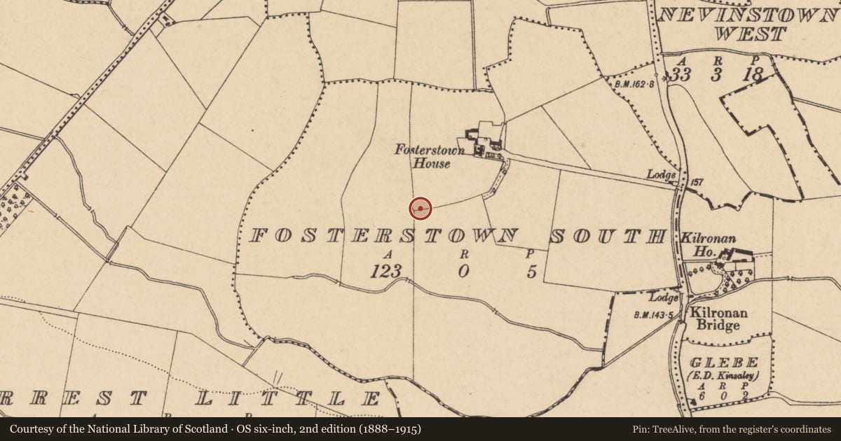 Ordnance Survey six-inch map, 2nd edition (1888–1915) covering the location of Enclosure, Fosterstown South, County Dublin, with a pin at the register's coordinates