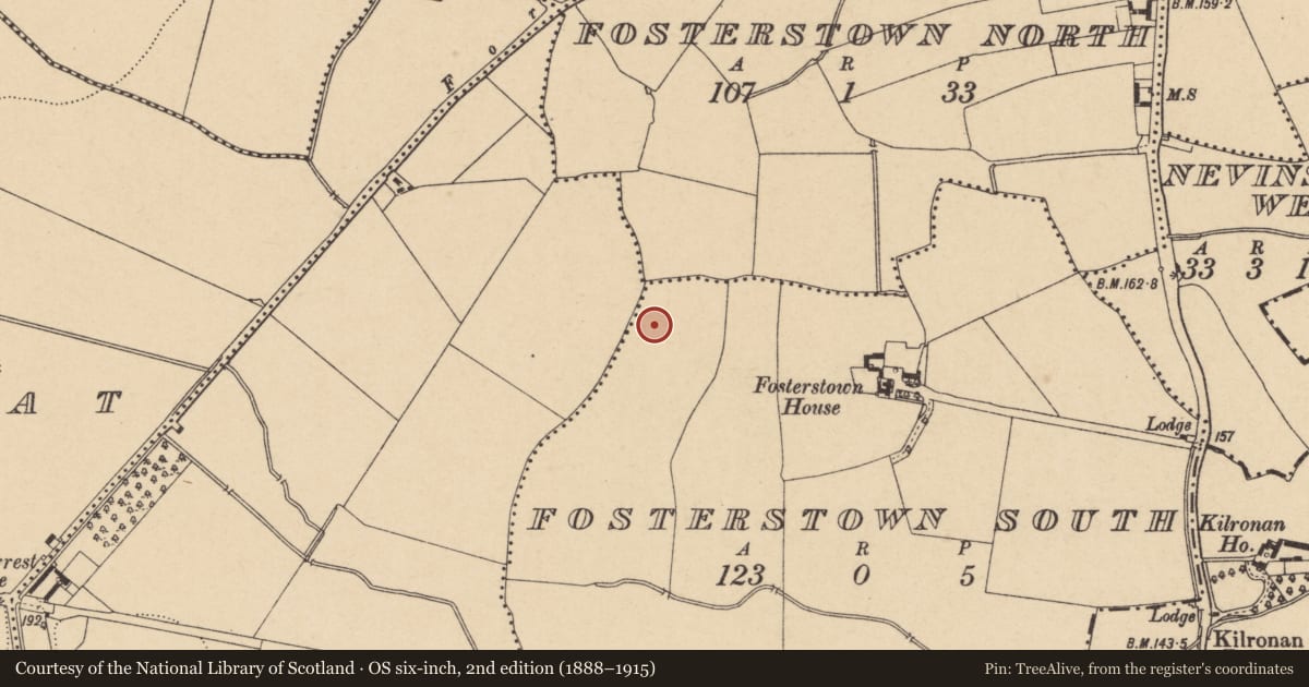 Ordnance Survey six-inch map, 2nd edition (1888–1915) covering the location of Ring-ditch, Fosterstown South, County Dublin, with a pin at the register's coordinates