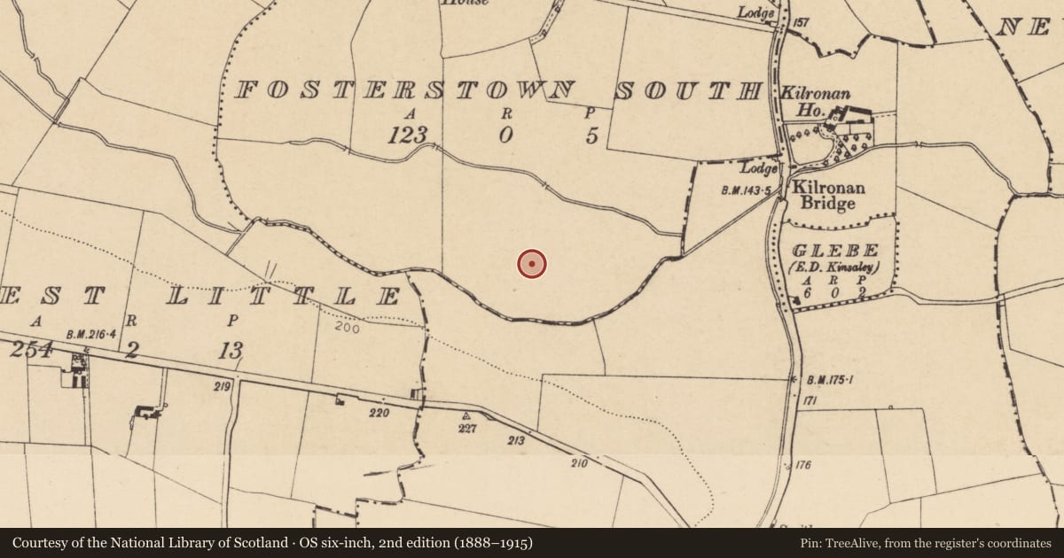 Ordnance Survey six-inch map, 2nd edition (1888–1915) covering the location of Enclosure, Fosterstown South, County Dublin, with a pin at the register's coordinates