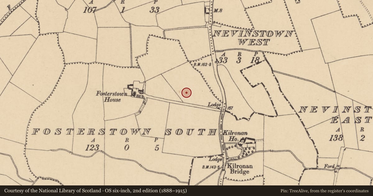 Ordnance Survey six-inch map, 2nd edition (1888–1915) covering the location of Enclosure, Fosterstown South, County Dublin, with a pin at the register's coordinates