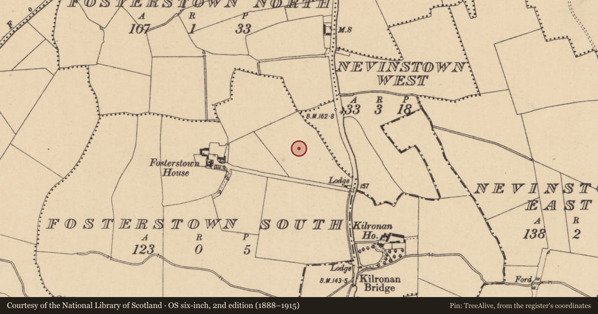 Ordnance Survey six-inch map, 2nd edition (1888–1915) covering the location of Field system, Fosterstown South, County Dublin, with a pin at the register's coordinates